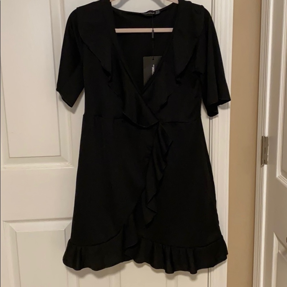 PLT Black Frill Detail Wrap Dress